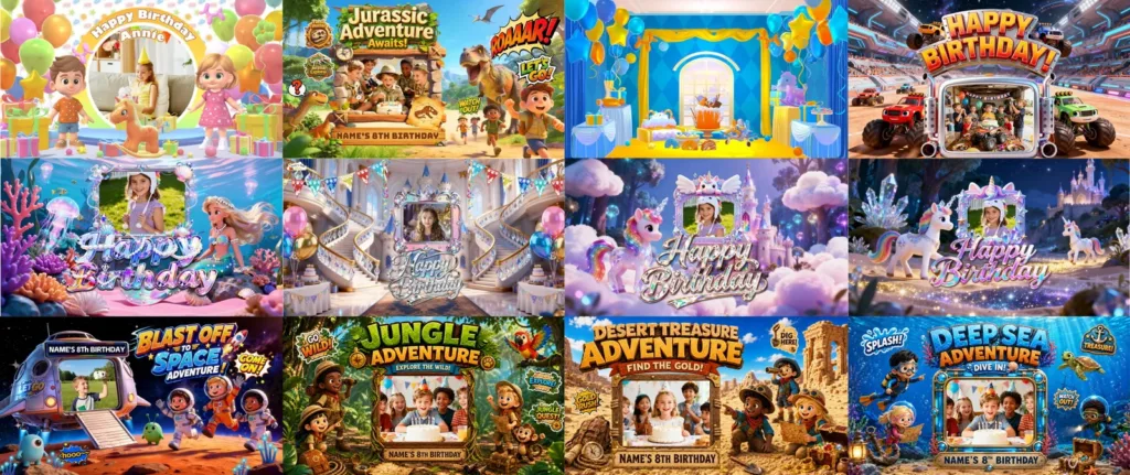 PartyDrax – Personalized Party Theme Collection Collage of PartyDrax personalized birthday themes featuring fantasy, racing, space, and adventure designs